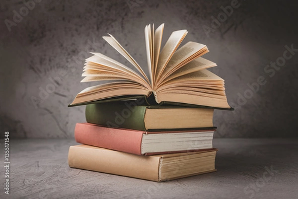 Fototapeta Stack of three books with one open book on top, showing pages, against a gray background, symbolizing education, knowledge, and reading