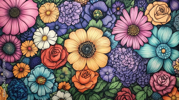 Fototapeta Vibrant floral illustration featuring a dense arrangement of various flowers in diverse colors and styles.