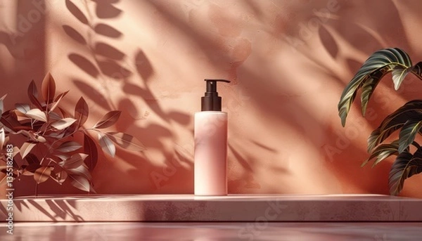 Fototapeta A bottle of lotion is sitting on a table next to a plant