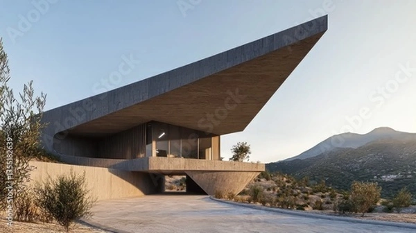 Obraz Modern concrete house exterior, hillside setting, dramatic architecture, tranquil view