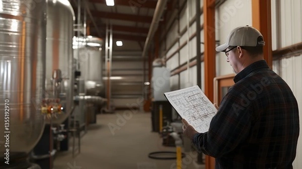 Fototapeta An experienced industrial HVAC specialist performs a comprehensive examination of the extensive ventilation system within the facility