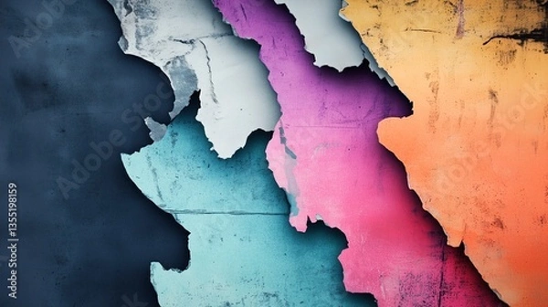 Fototapeta Colorful layers of paint peeling, creating an abstract design on a textured wall