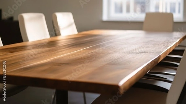 Fototapeta Elegant wooden table in a modern dining area with soft lighting and empty chairs