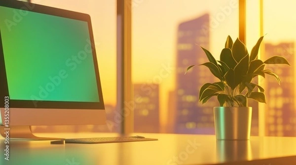Fototapeta Modern workspace with computer and plant at sunset, showcasing city skyline in background