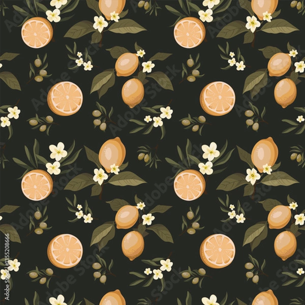 Obraz dark pattern with lemons and olives