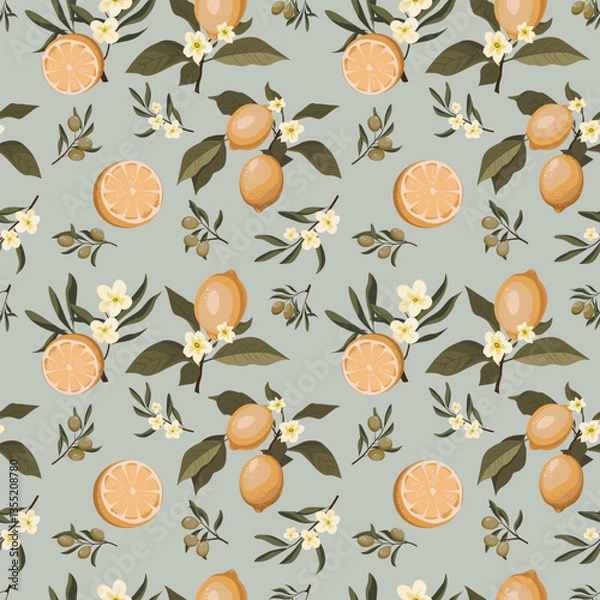 Obraz seamless pattern with lemons and olives on a blue background
