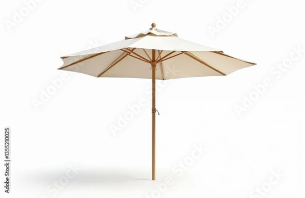 Obraz White beach umbrella with wooden pole provides shade. Parasol isolated on white background. Sun protection, beach vacation, travel destination concept. Enjoy summer holidays, leisure time on beach.