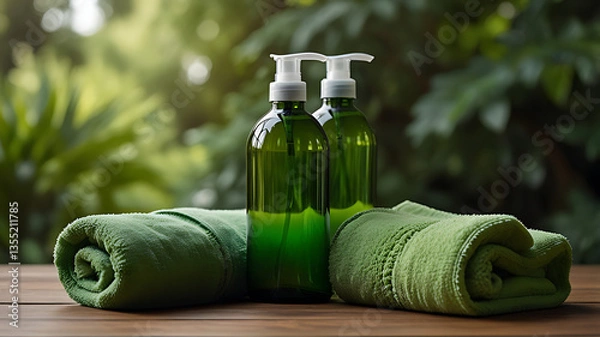 Obraz Elegant Green Bottles of Soap with Rolled Towels on Wooden Table

