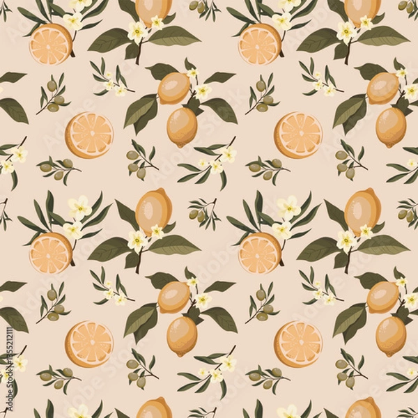 Obraz seamless beige pattern with lemons and olives