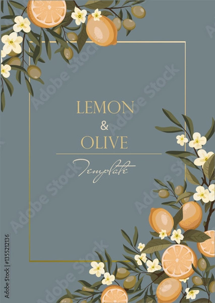 Obraz vector template for postcard, invitation with lemons and olives