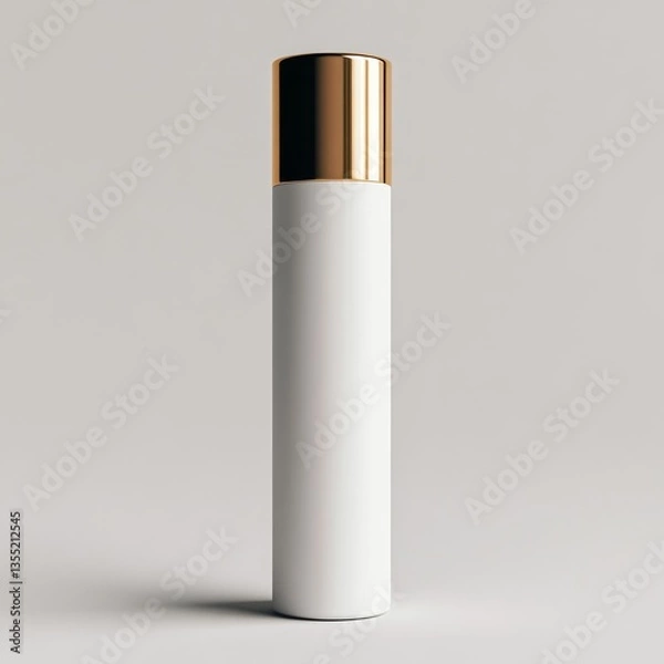 Fototapeta a sleek white tube with a metallic gold cap, unbranded, standing against a clean neutral background, elegant and modern aesthetic