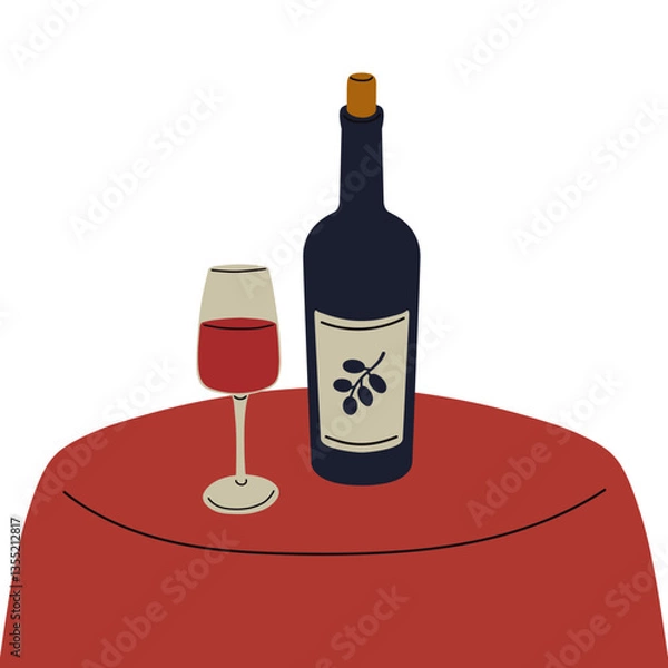 Fototapeta Vector illustration of red wine on the table in cartoon style. Hand drawn wine bottle and wine glass