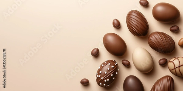 Obraz Easter wallpaper with chocolate eggs on a beige background with copy space