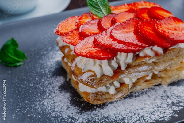 Fototapeta Appetizing dessert of strawberries and puff pastry with cream on a plate. mint leaves.close up