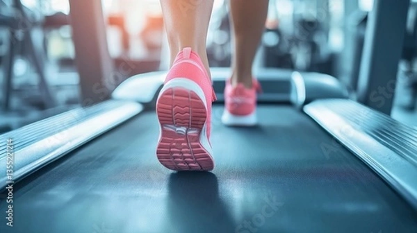 Fototapeta Athlete runner feet running on treadmill closeup on shoe,Sports concept background. Running man feet runs on Start line road for exercise cardio work out, Health activities.for banner website