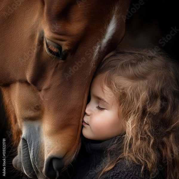 Fototapeta Tender bond between a child and a horse. A young girl rests her face close to the horse's neck, showcasing a serene and loving moment.  The close-up focus highlights the gentle connection and intimacy