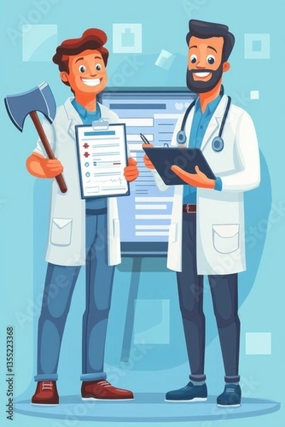Fototapeta A flat vector illustration of two people standing next to each other, one holding an large axe and the second is wearing medical with white coat . 