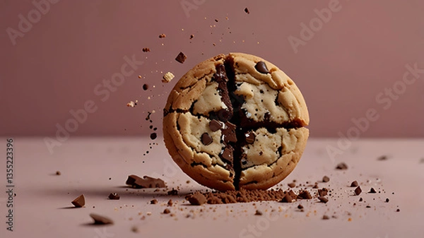 Obraz Warm Chocolate Chip Cookie with Crumbs on Soft Pink Background

