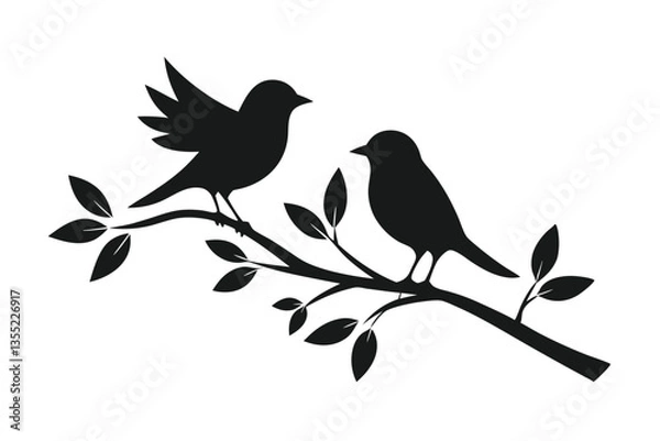 Obraz Silhouette of Two Birds on Branch with Leaves, Black and White, Minimalist Design