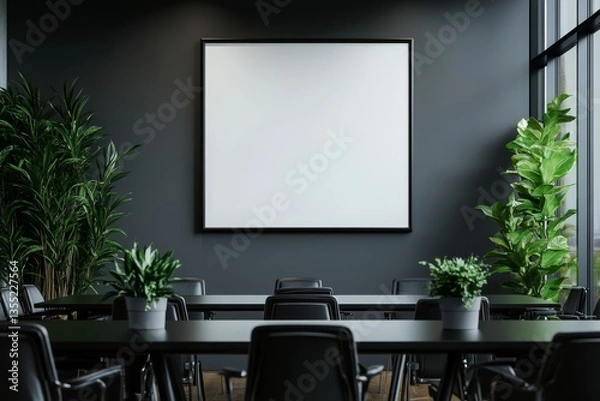 Fototapeta Modern dark room with blank square frame, plants, and black tables & chairs.