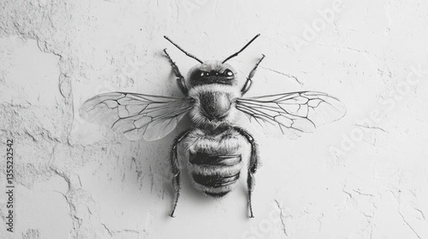 Fototapeta A black-and-white bee drawing against a textured background, emphasizing artistry