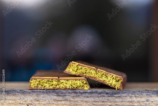 Fototapeta Luxury trending Dubai chocolate with creamy pistachio filling and crispy kataifi dough. Middle Eastern sweets
