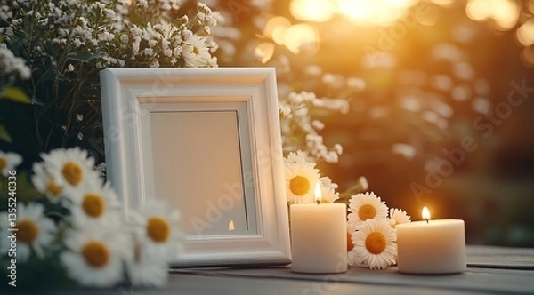 Obraz Obituary background for posters. Funeral composition with flowrs and candles. Funeral poster, banner background, space for text, burning candles, funeral concept. Memorial card, funeral invitation