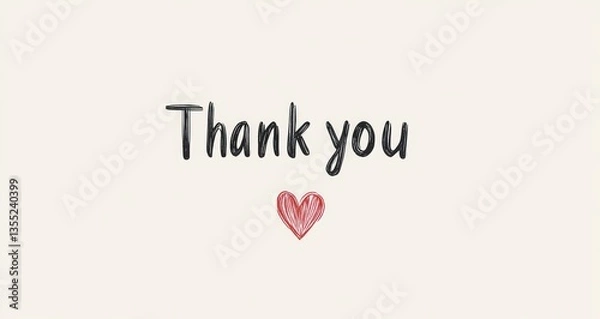 Fototapeta Thank you written in black letters with a red heart, isolated on a white background, cute and friendly digital art
