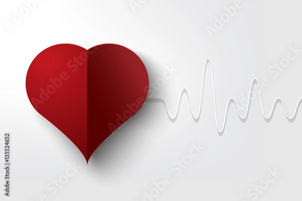 Fototapeta Red heart and heart pulse on a white background design, Paper art vector illustration.