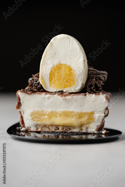 Obraz Close-up cut of Easter mousse dessert. White chocolate ganache egg with mango filling, chocolate nest on top of a mousse basket with passion fruit ganache and mango filling on a crunch.