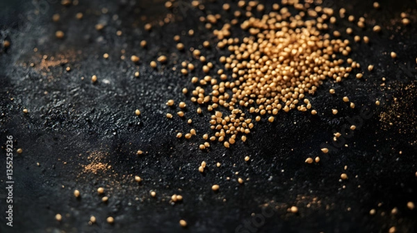 Fototapeta Amaranth seeds spread across a dark surface, their small, cream-colored form visible against the contrasting background.