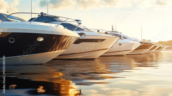 Fototapeta Row of Luxury Yachts Docking at Marina During Golden Hour Sunset