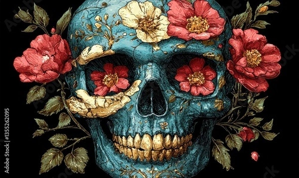 Fototapeta Detailed skull adorned with vibrant flowers, dark background
