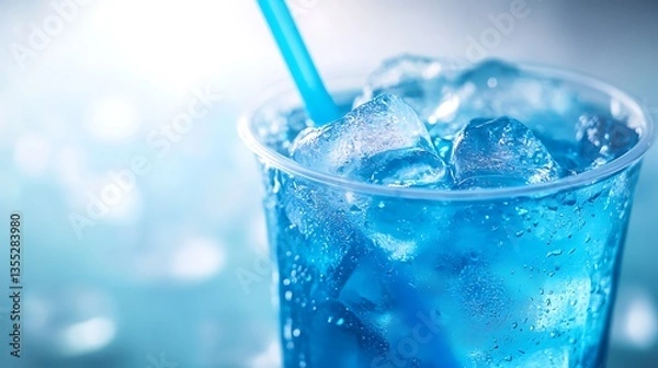 Obraz Refreshing blue cocktail with ice cubes and a straw in a clear glass, illuminated by bright lighting, creating a cool and vibrant drink presentation