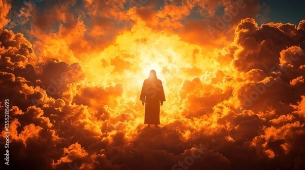 Fototapeta A robed figure stands amidst fiery clouds, bathed in radiant light.  Divine presence suggested