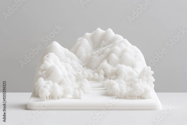 Fototapeta 3D printed landscape model, minimalist design.  Features mountains, trees, and valleys.  Abstract, serene, and tranquil