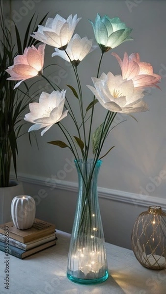 Fototapeta "An otherworldly bouquet of luminescent textile flowers, delicately arranged in a futuristic glass vase, glowing softly against a minimal backdrop."