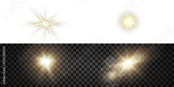Fototapeta Vector transparent sunlight with sun glare. Overlay, Sun rays and glare, Sun, sunrays, light transitions, lens flare, light leaks and glare in PNG format. PNG sunlight flare. Golden flash and glare.