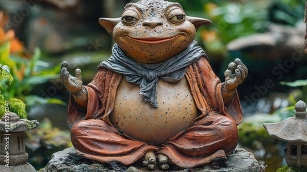 Fototapeta A serene toad statue, in a meditative pose, adorned in robes, sits amidst lush greenery