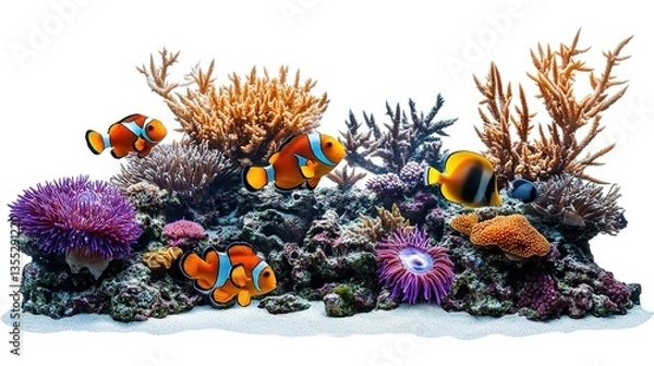 Obraz A Serene Underwater Ecosystem with a Colorful Coral Reef Teeming with Marine Life, Including Bright Clownfish, Angelfish, and Sea Anemones Swaying with the Current