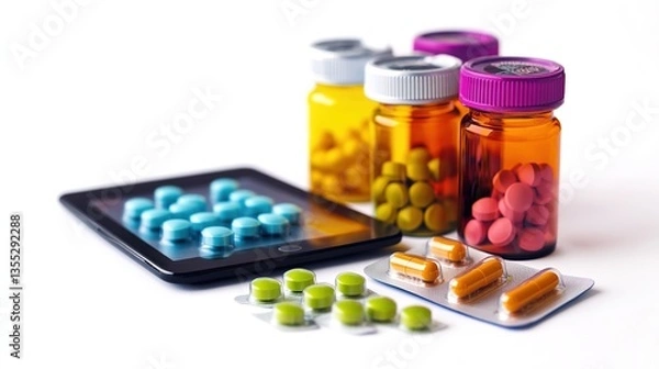 Obraz "A Set of Colorful Pill Bottles and Blister Packs with Neatly Labeled Prescription Medication, Placed Beside a Digital Tablet Displaying Medical Research Data, Symbolizing Modern Pharmacology