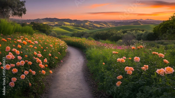 Fototapeta A calm rose field with winding paths meandering through vibrant flowers, leading to a distant view of rolling hills.