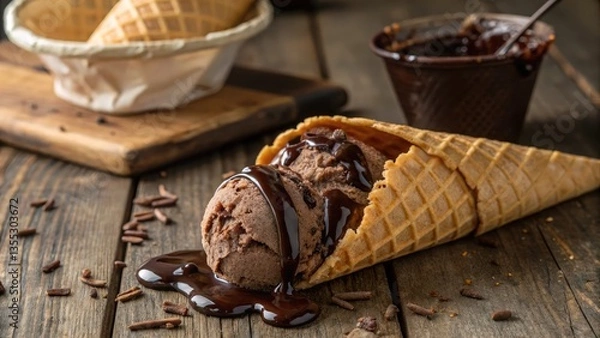Fototapeta "Melting chocolate ice cream in a crispy waffle cone, with rich chocolate syrup drizzling down, placed on a rustic wooden table."