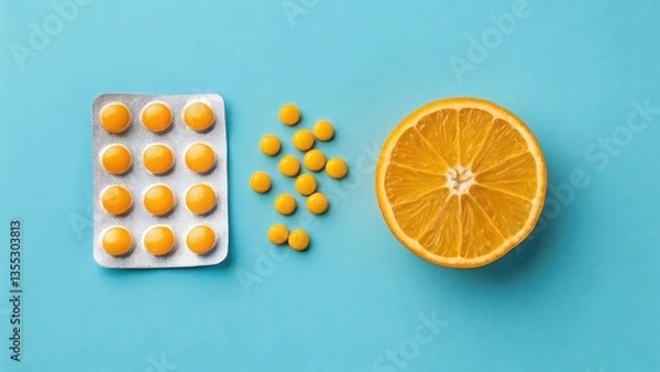 Fototapeta "Minimalist health concept featuring neatly arranged yellow-orange Vitamin C pills on a solid blue background, creating a modern and clean look."