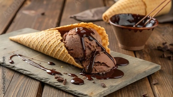 Fototapeta "Melting chocolate ice cream in a crispy waffle cone, with rich chocolate syrup drizzling down, placed on a rustic wooden table."