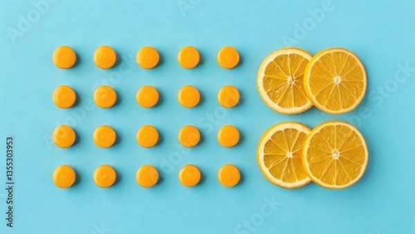 Fototapeta "Minimalist health concept featuring neatly arranged yellow-orange Vitamin C pills on a solid blue background, creating a modern and clean look."