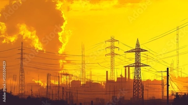 Obraz Densely built industrial area with power lines, factories emitting smoke, and vivid yellow-orange polluted sky highlighting environmental impact