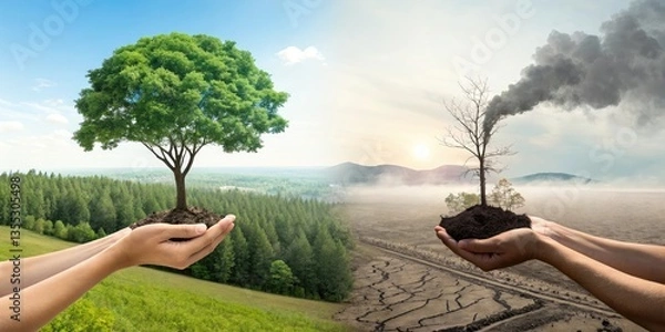 Fototapeta tree in two hands with very different environments Earth Day or World Environment Day Global Warming and Pollution