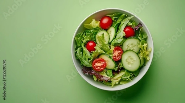 Obraz Fresh vegetable salad in white bowl with vibrant colors of cucumber, cherry tomato, avocado, and greens on green background