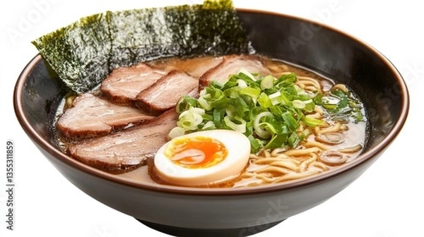 Obraz A Steaming Bowl of Authentic Ramen with Rich Tonkotsu Broth, Topped with Thinly Sliced Chashu Pork, a Soft-Boiled Egg, Fresh Green Onions, and Crispy Nori
